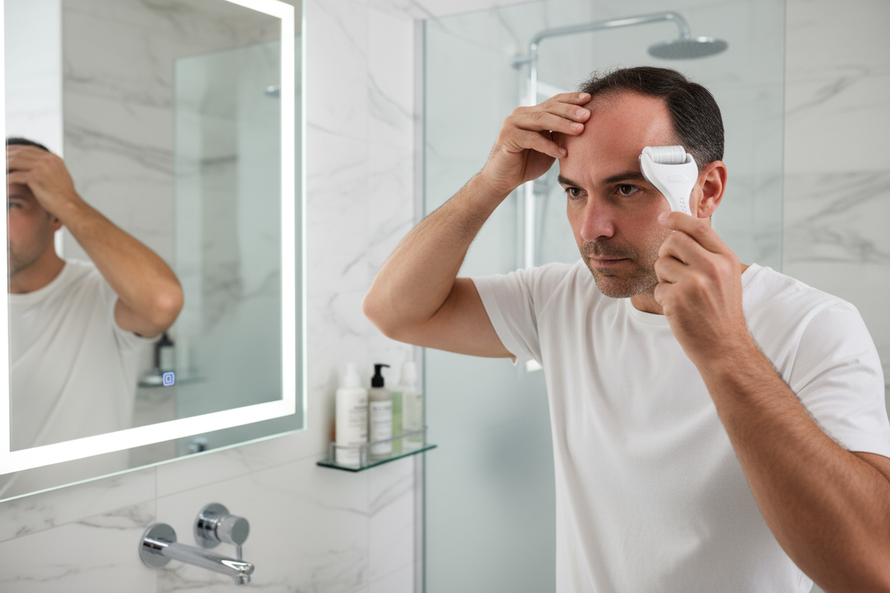 create an image of a man using the derma roller on his receeding hairline.