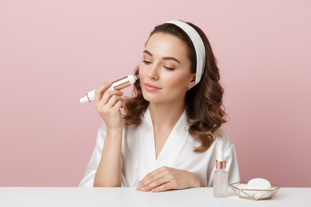 make me a image of a women using the derma pen with a pink back drop and a shot that is not to close